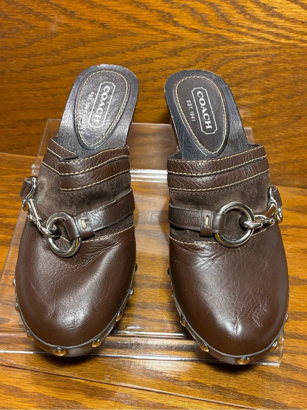 Y2K VTG Coach Horsebit Stud Wooden Heel Clogs Brown Leather Size 6